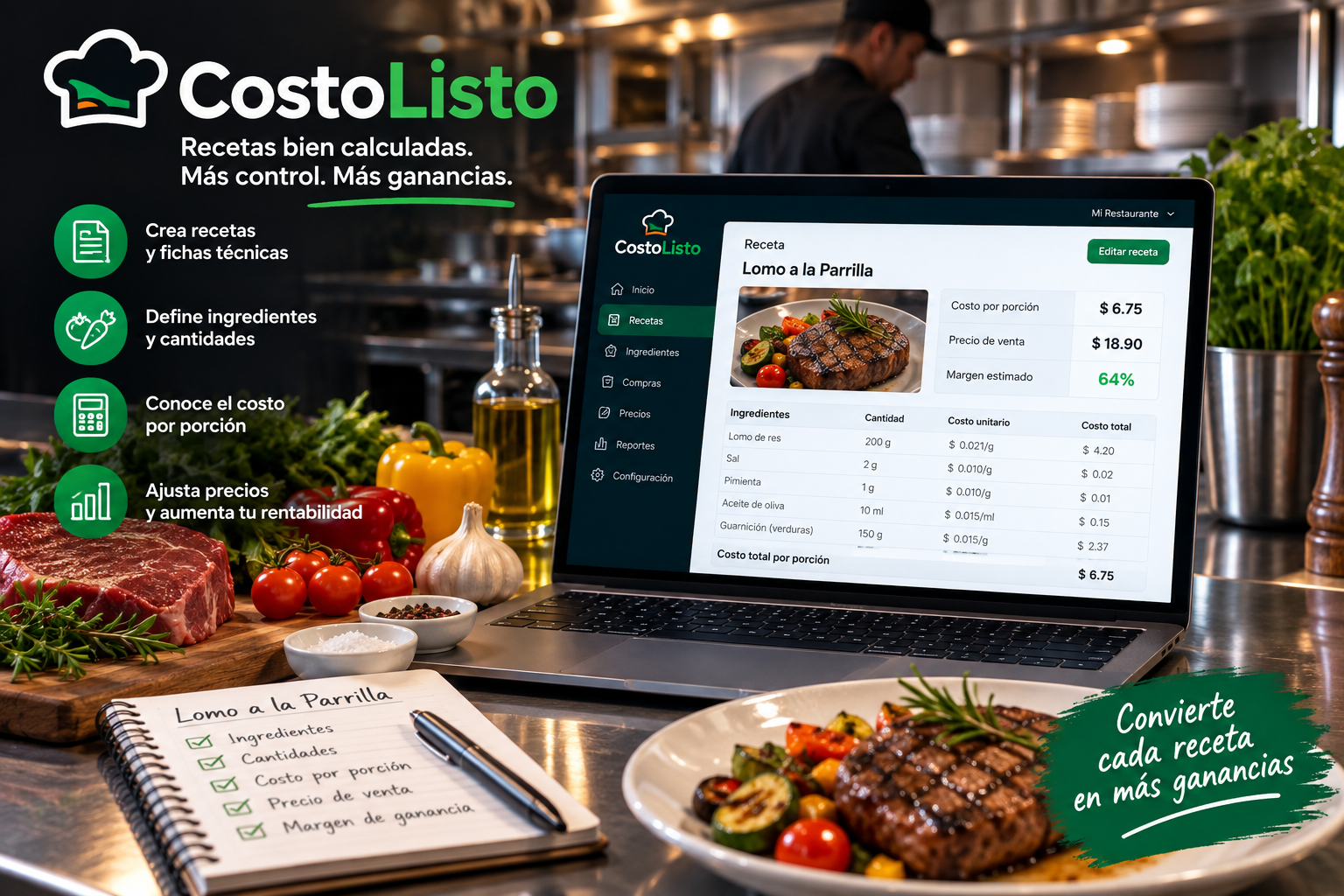 CostoListo mostrando una receta con ingredientes, cantidades y costo por porción