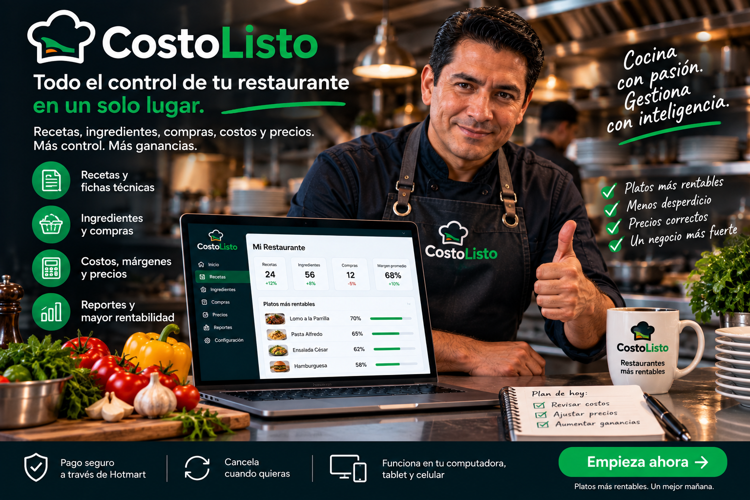 Restaurante organizado con CostoListo para controlar recetas, compras y rentabilidad