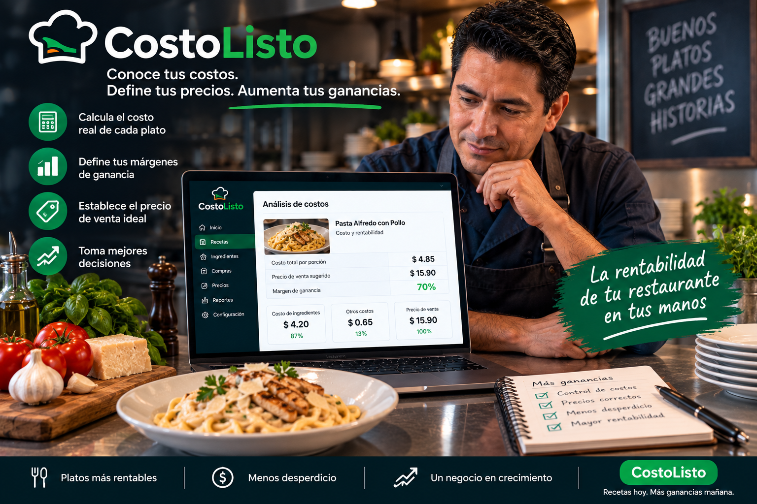 Análisis de costos, margen y precio de una receta en CostoListo